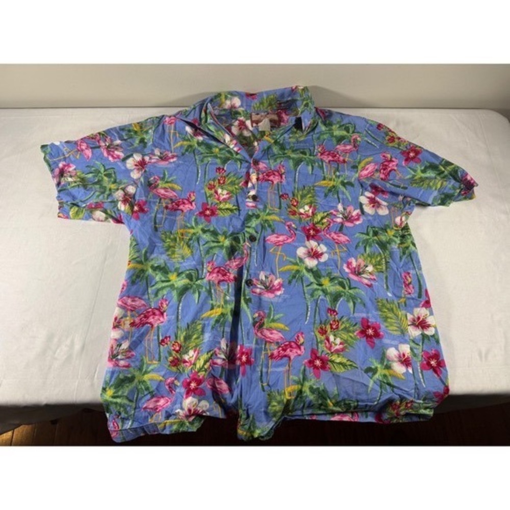 RJC Mens Hawaiian Shirt Large Blue Flamingo Hibiscus Tropical Made in USA